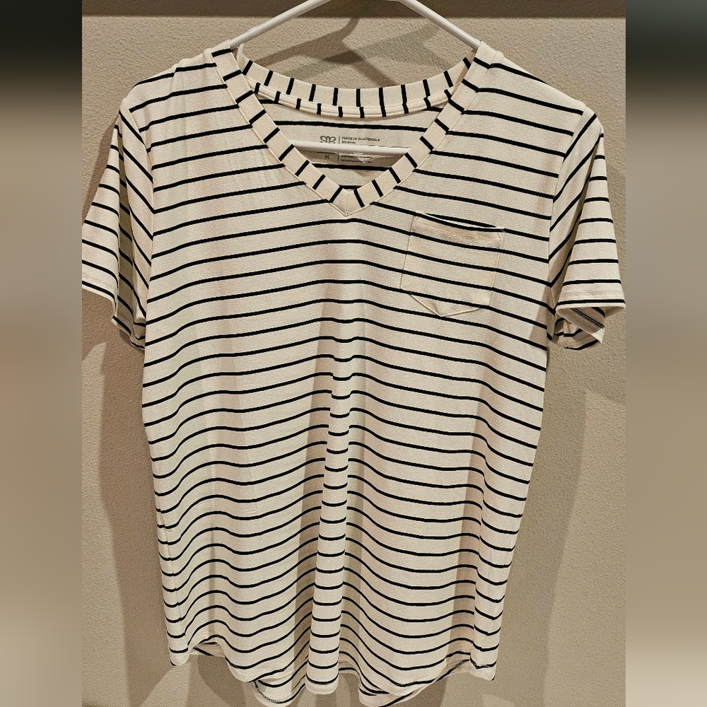 Albion Black and White Striped V-Neck Tee
